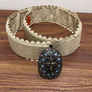 JJ Valaya designer belt for women Light Tan Fabric/lace with Oval Metal Buckle.